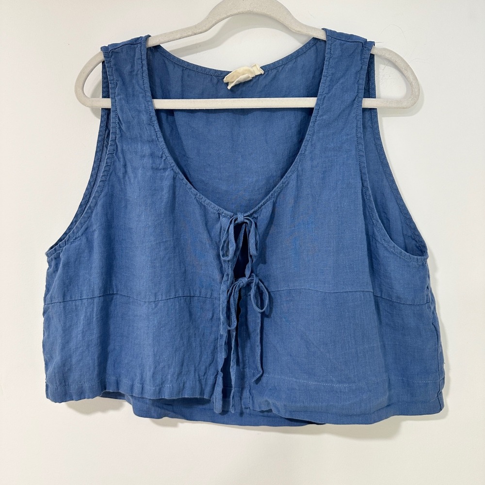 VRG GRL 100% Linen Tie Front Vest Women Size 14 Blue Cropped | Coastal Boho